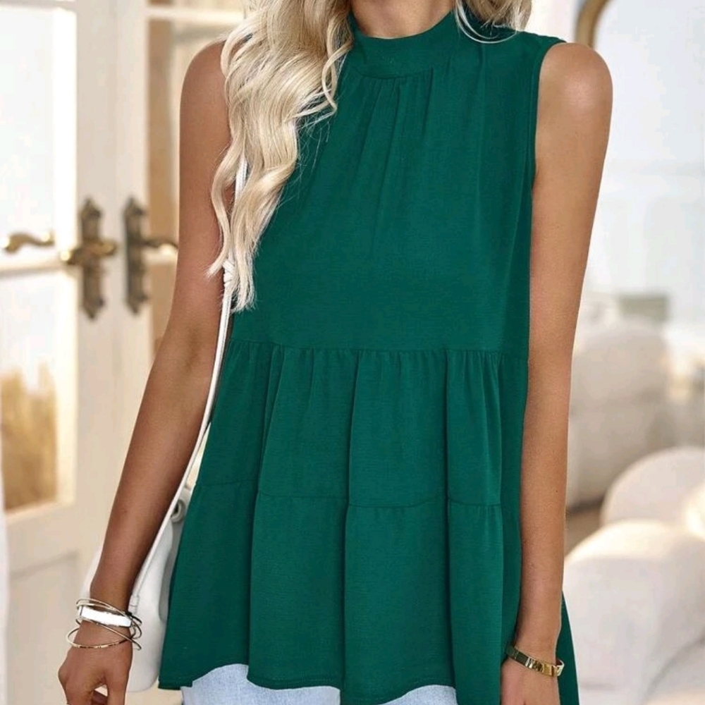 Solid Ruffle Hem Sleeveless Peplum Blouse. Xl Size 12. GREEN